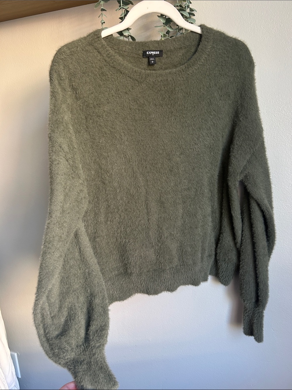 Express Olive Fuzzy Crewneck Sweater with Balloon Sleeves